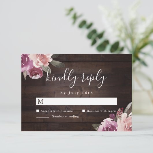 ムーブパープル&桑のフローラ素朴な木結婚の 出欠カード (スタンド正面)