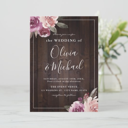 ムーブパープル&桑のフローラ素朴な木結婚の 招待状 (スタンド正面)