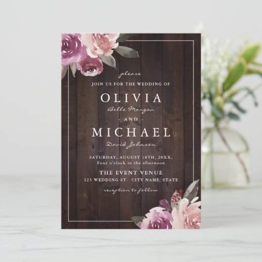 ムーブパープル&桑のフローラ素朴な木結婚の 招待状 (スタンド正面)