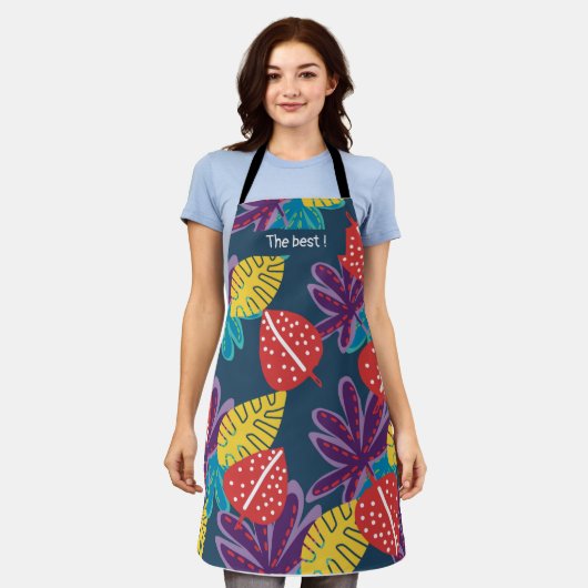 ムームアプロン、熱帯フローラデザイン エプロン (着用した状態)