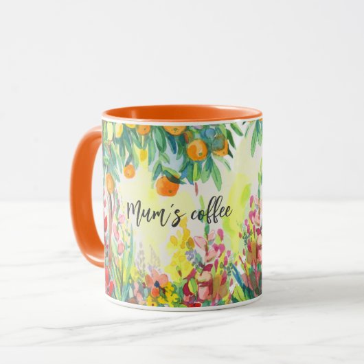 ムームズコーヒー、花、オレンジ マグカップ (正面左)