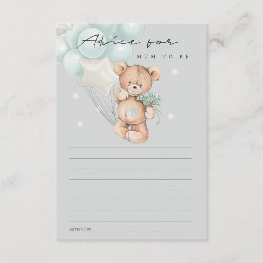 ムーム赤ちゃんシャワー用グレーブルーベアーバルーンアドバイス エンクロージャーカード (正面)