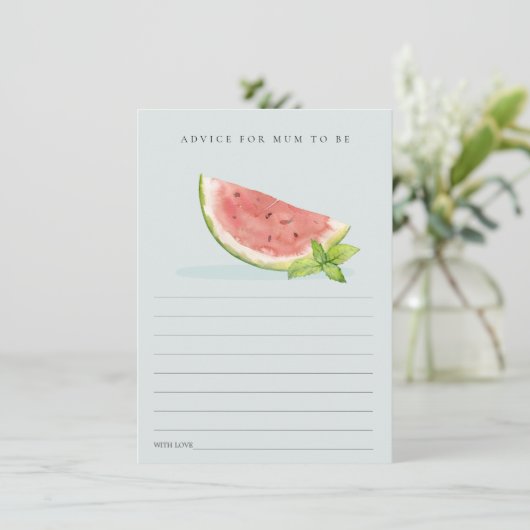 ムーム・ベイビー・シャワー用の小さな青いメロンアドバイス エンクロージャーカード (スタンド正面)