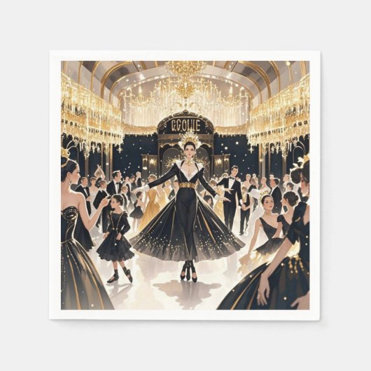 ムーランルージュスタイル、ブラックと金ゴールド、リッチな贅沢 スタンダードカクテルナプキン (正面)