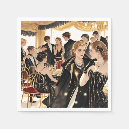 ムーランルージュスタイル、ブラックと金ゴールド、リッチな贅沢 スタンダードカクテルナプキン (正面)