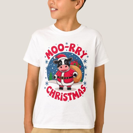 ムーリー・クリスマス 楽しい牛 サンタ クリスマス Tシャツ (正面)