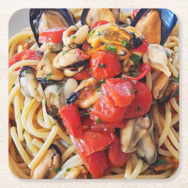 ムール貝フードコースター付きスパゲッティ スクエアペーパーコースター