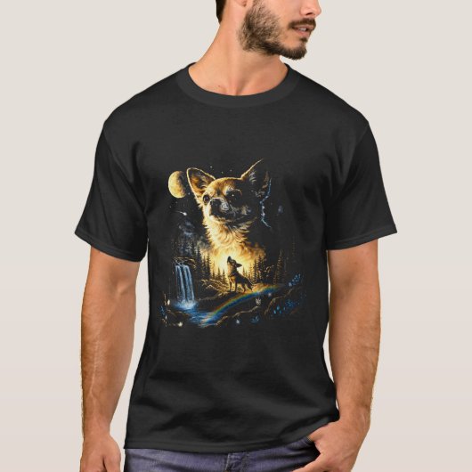ムーンに向かって吠えるチワワ レトロ 面白い Tシャツ (正面)