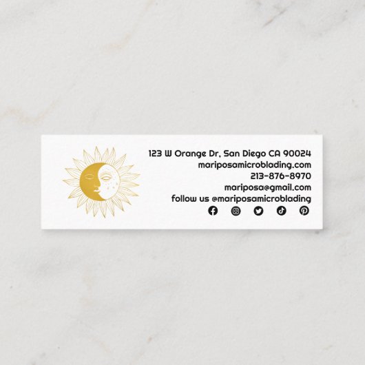 ムーンアンドサンエレガントエステティシャン美しいサロン金ゴールド スキニー名刺 (裏面)