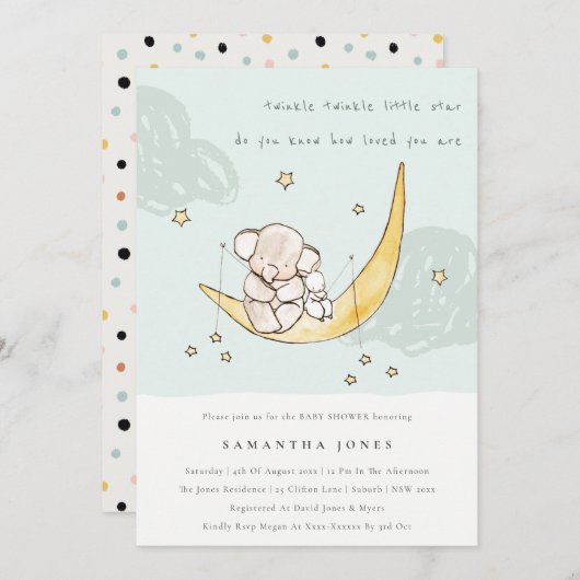 ムーンアンドスターズエレファントバニーボーイベビーシャワー招待状 サンキューカード (正面/裏面)