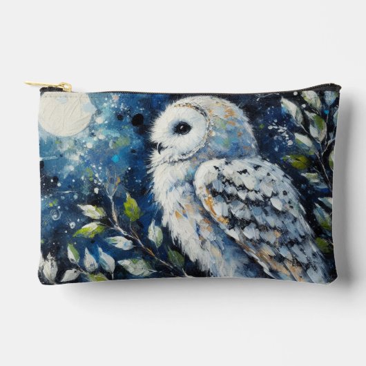 ムーンアーンで枝に白いフクロウ絵画ズ アクセサリーポーチ (正面)