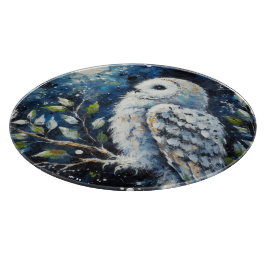 ムーンアーンで枝に白いフクロウ絵画ズ カッティングボード