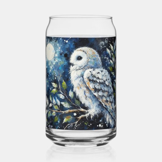 ムーンアーンで枝に白いフクロウ絵画ズ ガラス缶 (正面)