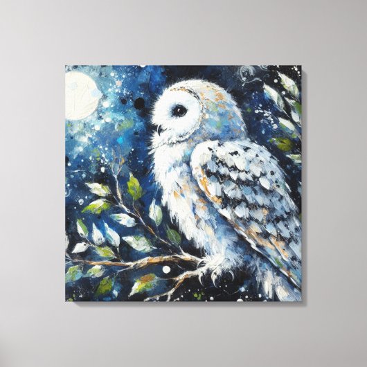 ムーンアーンで枝に白いフクロウ絵画ズ キャンバスプリント (正面)