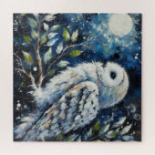 ムーンアーンで枝に白いフクロウ絵画ズ ジグソーパズル (横)