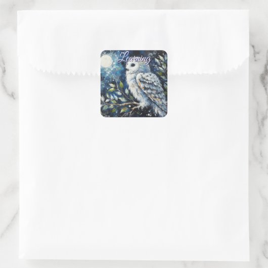 ムーンアーンで枝に白いフクロウ絵画ズ スクエアシール (バッグ)
