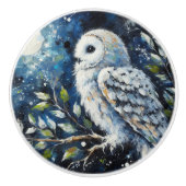 ムーンアーンで枝に白いフクロウ絵画ズ セラミックノブ (正面)