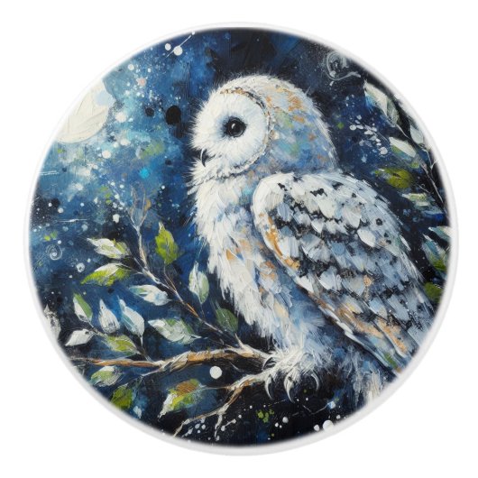 ムーンアーンで枝に白いフクロウ絵画ズ セラミックノブ (正面)