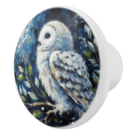 ムーンアーンで枝に白いフクロウ絵画ズ セラミックノブ