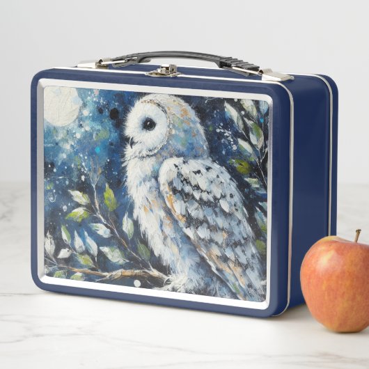 ムーンアーンで枝に白いフクロウ絵画ズ メタルランチボックス (インサイチュ)