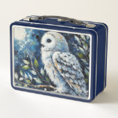 ムーンアーンで枝に白いフクロウ絵画ズ メタルランチボックス (裏面)
