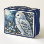 ムーンアーンで枝に白いフクロウ絵画ズ メタルランチボックス (正面)