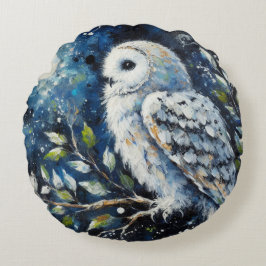 ムーンアーンで枝に白いフクロウ絵画ズ ラウンドクッション