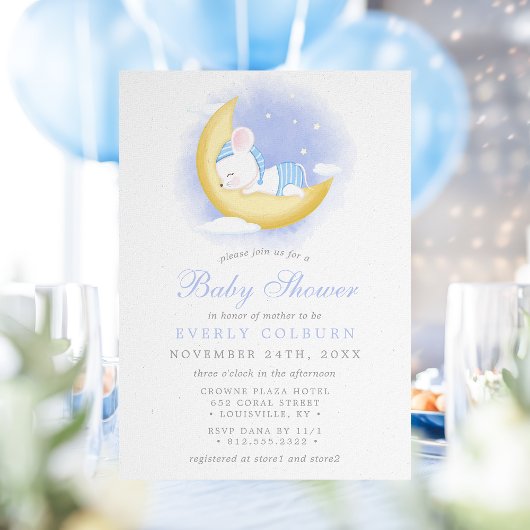ムーンウォーターの上に眠いマウスの色の男の子の赤ちゃんシャワー 招待状