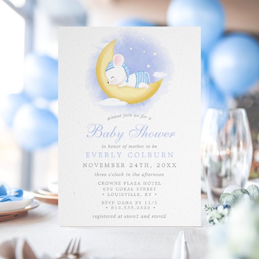 ムーンウォーターの上に眠いマウスの色の男の子の赤ちゃんシャワー 招待状