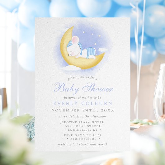 ムーンウォーターの上に眠いマウスの色の男の子の赤ちゃんシャワー 招待状