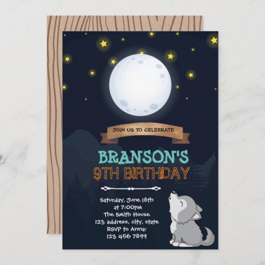 ムーンウルフの誕生日の招待 招待状 (正面/裏面)