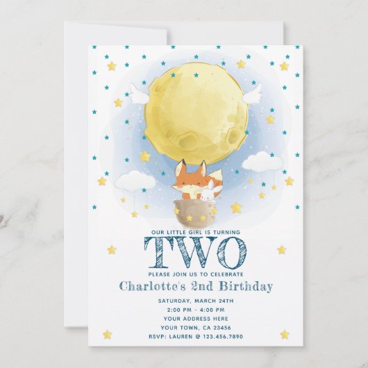 ムーンエアバルーンスターズグリッター誕生日 招待状 (正面)