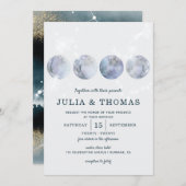 ムーンエレガントブルー金ゴールドスター結婚ズ 招待状 (正面/裏面)