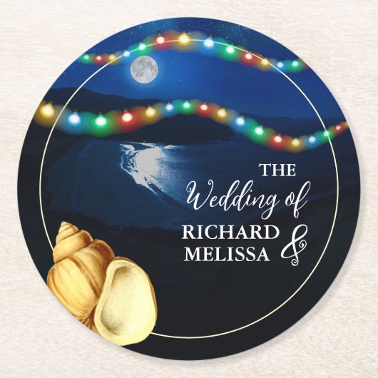 ムーンエレガントライトビーチ結婚式 ラウンドペーパーコースター (正面)