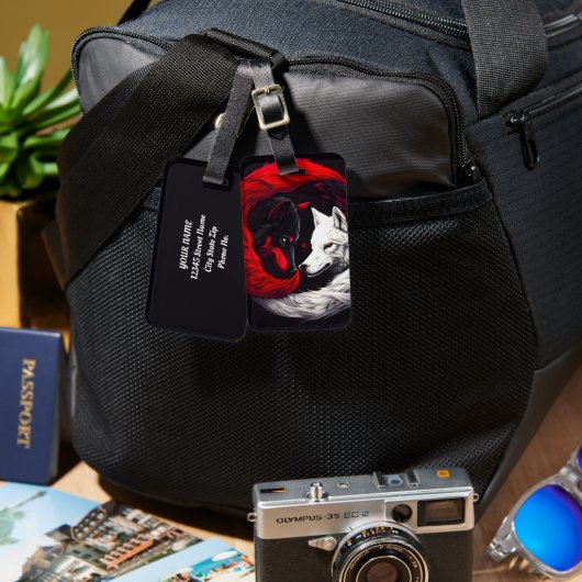 ムーンクリムゾンレッドホワイトウルフ ラゲッジタグ (正面&裏面)