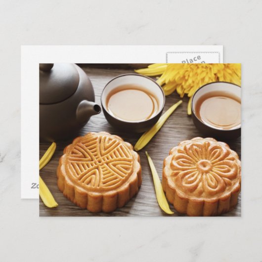 ムーンケーキと茶、中国の中秋フェスティバル ポストカード (正面/裏面)