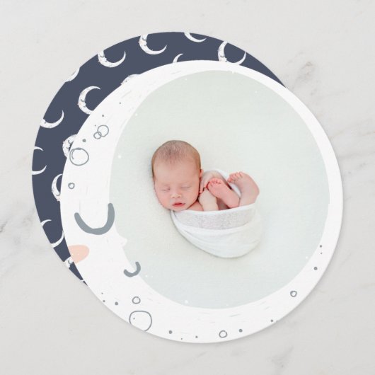 ムーンスターかわいいガーリーピンク色のネイビー写真誕生 案内状 (正面/裏面)