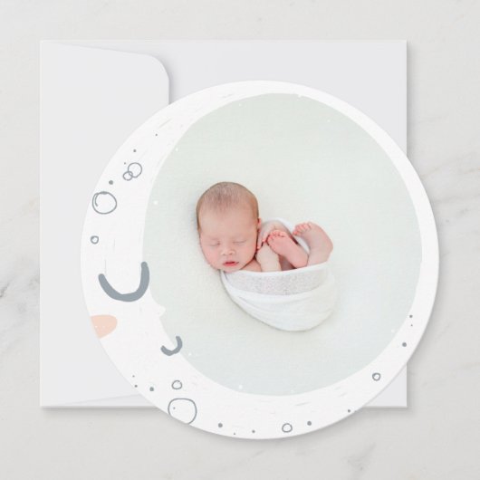 ムーンスターかわいいガーリーピンク色のネイビー写真誕生 案内状 (正面)