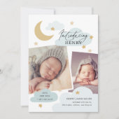 ムーンスターズクラウドコラージュフォトベビーブルー誕生 案内状 (正面)