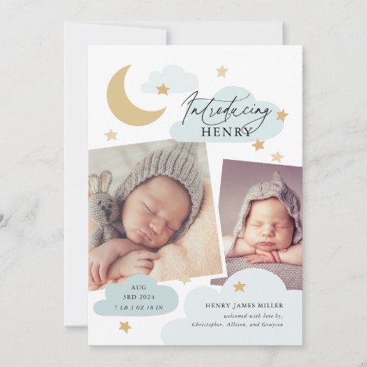 ムーンスターズクラウドコラージュフォトベビーブルー誕生 案内状 (正面)
