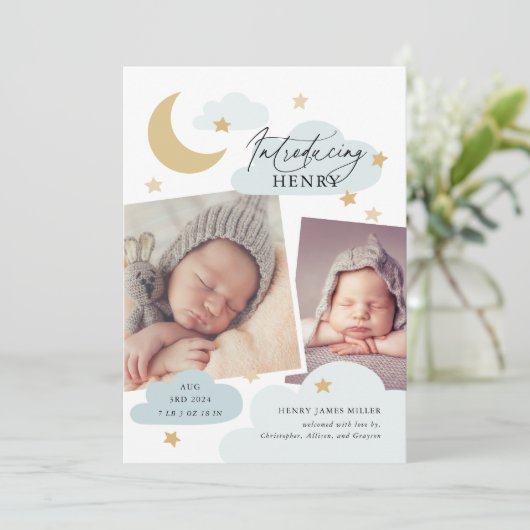 ムーンスターズクラウドコラージュフォトベビーブルー誕生 案内状 (スタンド正面)