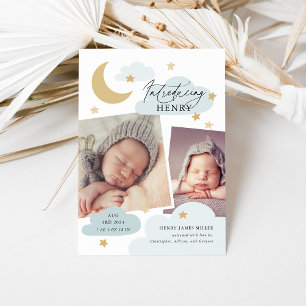 ムーンスターズクラウドコラージュフォトベビーブルー誕生 案内状