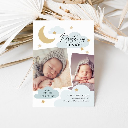 ムーンスターズクラウドコラージュフォトベビーブルー誕生 案内状