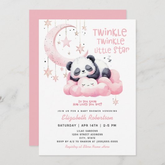 ムーンスターズピンクパンダベアーガールベビーシャワー 招待状 (正面/裏面)