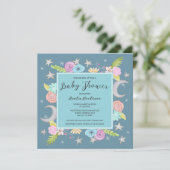 ムーンスターズフローラお洒落ティール（緑がかった色）ブルーベビーシャワー 招待状 (スタンド正面)