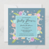 ムーンスターズフローラお洒落ティール（緑がかった色）ブルーベビーシャワー 招待状 (正面)