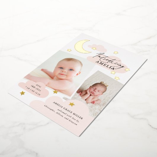 ムーンスターズ写真コラージピンク誕生のお知らせ 箔招待状 (回転した状態)