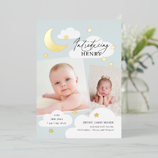 ムーンスターズ写真コラージュ青の誕生のお知らせ 箔招待状 (立ち正面)