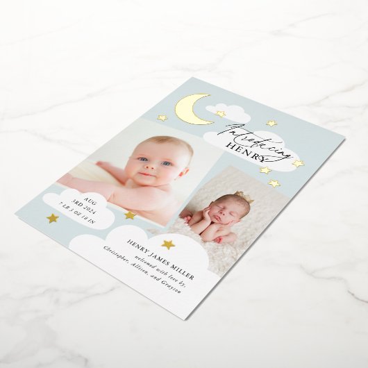 ムーンスターズ写真コラージュ青の誕生のお知らせ 箔招待状 (回転した状態)