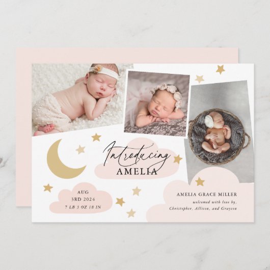 ムーンスターズ雲3フォトコラージピンク誕生 案内状 (正面/裏面)